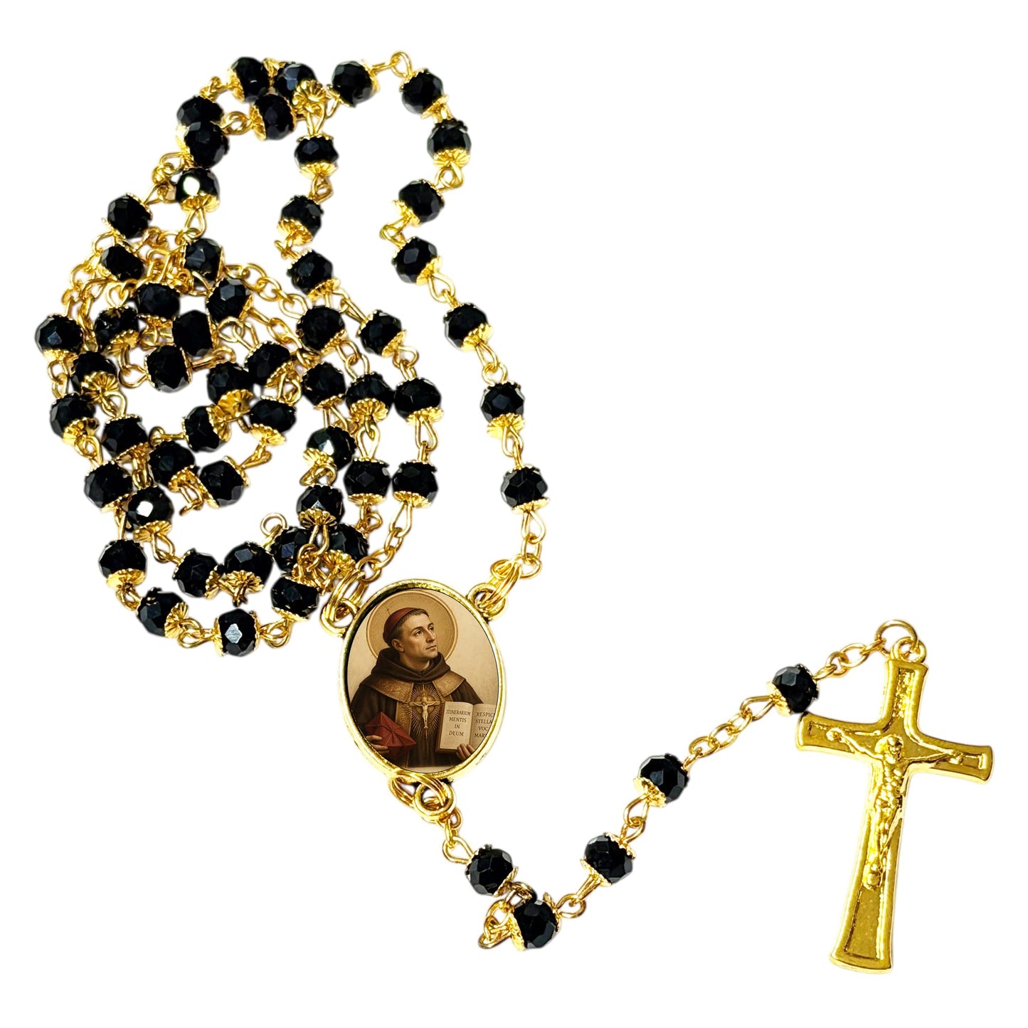 Saint Bonaventure Patron of Those with Intestinal Disorder Handcrafted rosary jet black quartz capped beads gold plated findings, crucifix, medal centerpiece with color image and a prayer card IN ENGLISH