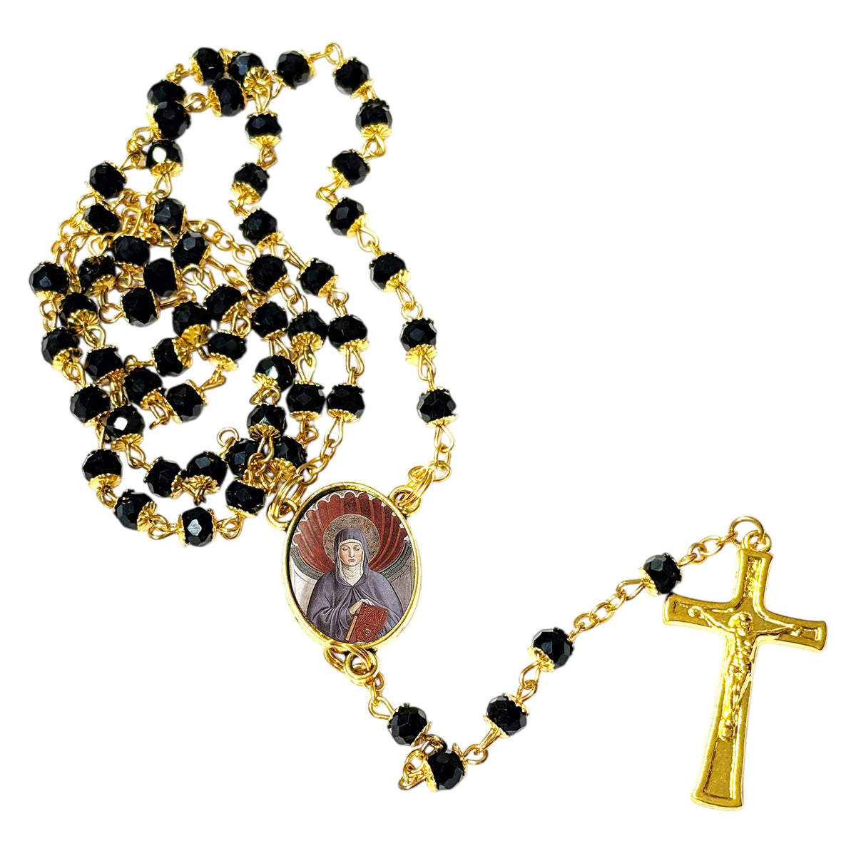 Saint Monica Patron of Wives and Abused Women Handcrafted rosary jet black quartz capped beads gold plated findings, crucifix, medal centerpiece with color image and a prayer card