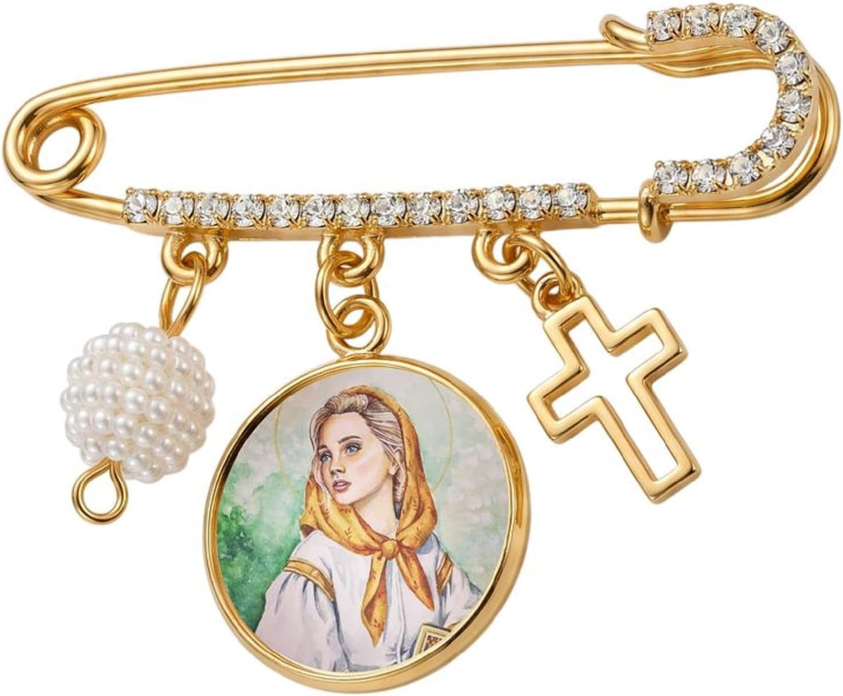 St. Dymphna Catholic Prayer Pin Brooch, Gold-Tone Rhinestone Safety Pin with Saint Medal, Cross Charm, Pearl Bead Accent & English Prayer Card, Religious Faith Jewelry Gift