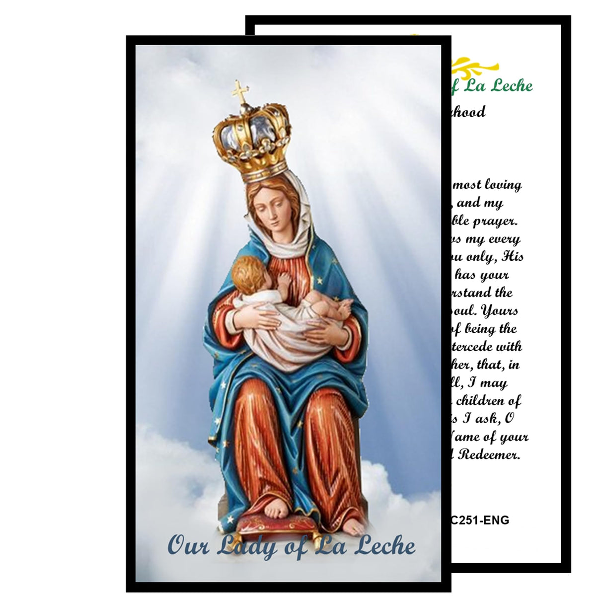 Our Lady of La Leche Patroness of Mothers and Breasfeeding Handcrafted rosary jet black quartz capped beads gold plated findings, crucifix, medal centerpiece with color image and a prayer card