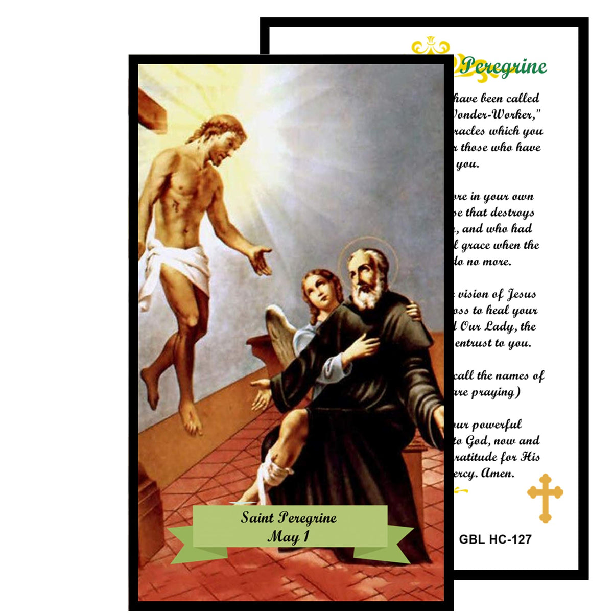 Saint Peregrine Patron of Those Afflicted with Cancer Handcrafted rosary jet black quartz capped beads gold plated findings, crucifix, medal centerpiece with color image and a prayer card