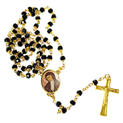 Saint Hildegard von Bingen Sibyl of the Rhine Handcrafted rosary jet black quartz capped beads gold plated findings, crucifix, medal centerpiece with color image and a prayer card