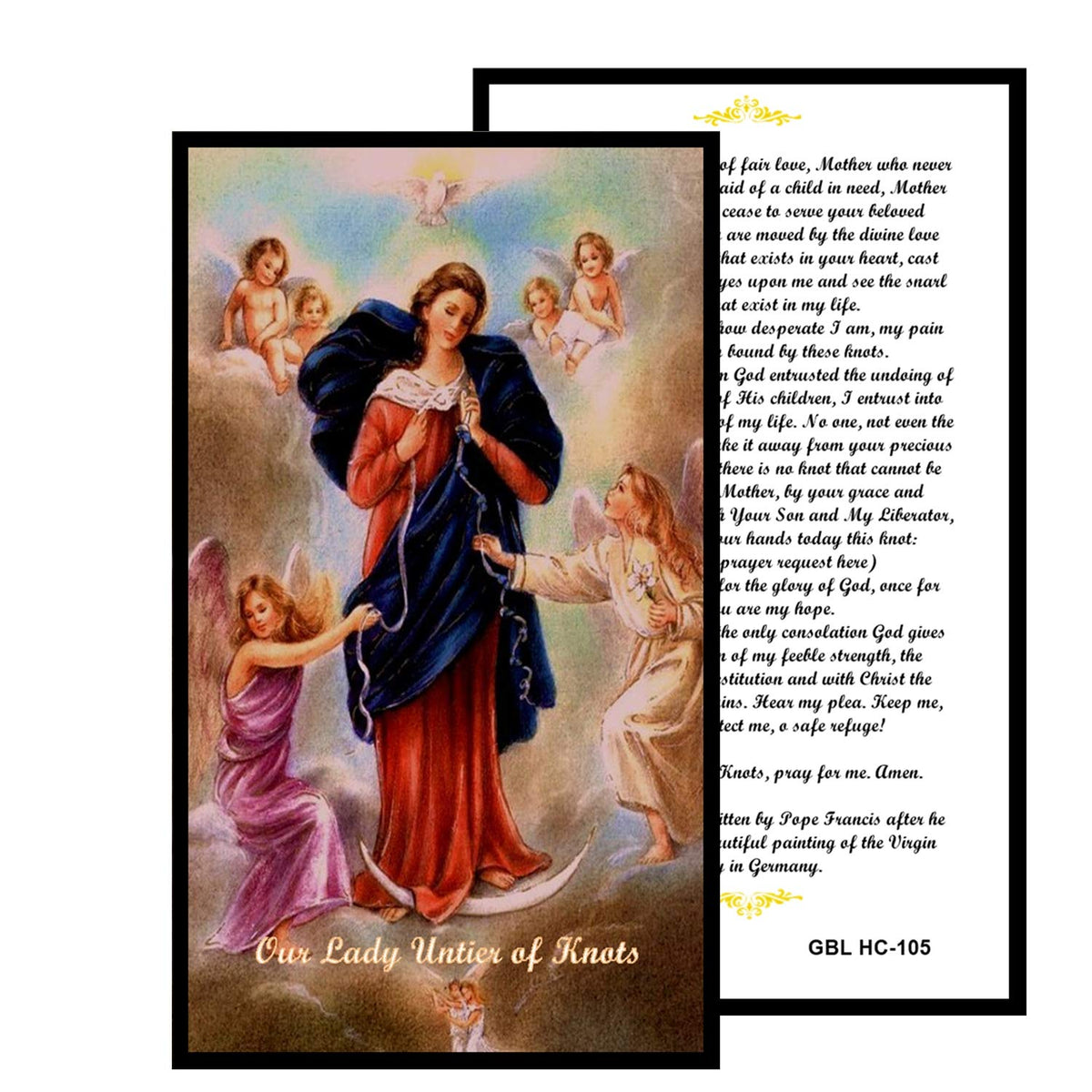 Our Lady Untier of Knots Handcrafted rosary jet black quartz capped beads gold plated findings, crucifix, medal centerpiece with color image and a prayer card