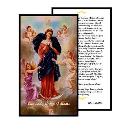 Our Lady Untier of Knots Handcrafted rosary jet black quartz capped beads gold plated findings, crucifix, medal centerpiece with color image and a prayer card