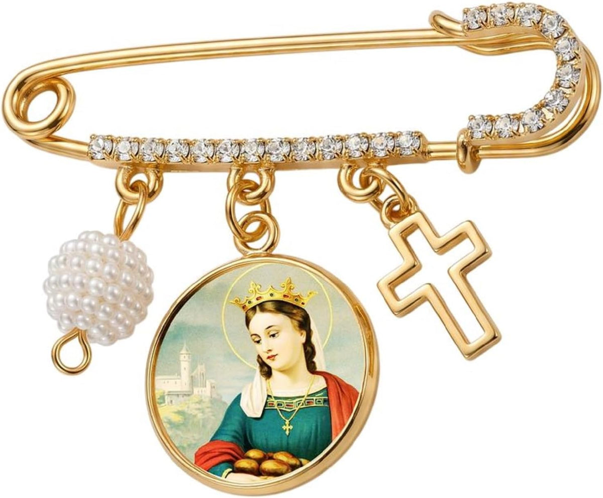 St. Elizabeth of Hungary Catholic Prayer Pin Brooch, Gold-Tone Rhinestone Safety Pin with Saint Medal, Cross Charm, Pearl Bead Accent & English Prayer Card, Religious Faith Jewelry Gift