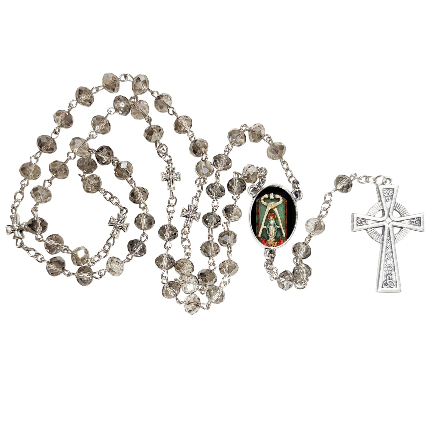 Saint Apollonia Patron of Dentists and of Those with Dental Disease Handcrafted Smoke Quartz Crystal Rosary with Silver‑Plated Crucifix and Color Image Centerpiece – Cross Pater Nosters and Prayer Card Included