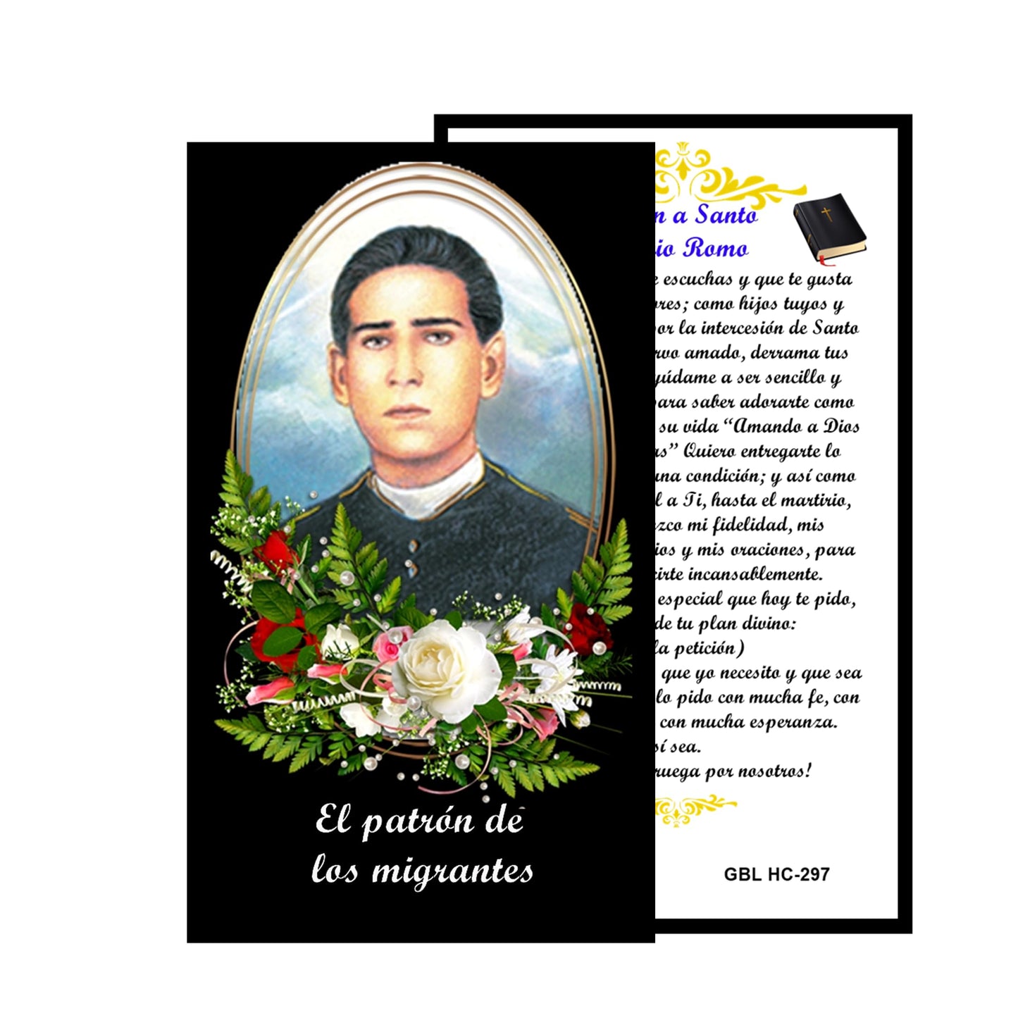 Santo Toribio Romo Patron de los Migrantes Rosario artesanal de cristal de cuarzo ahumado con crucifijo bañado en plata y centro con imagen a color – crucifijos por Padre Nuestros y postal de rezo EN ESPANOL