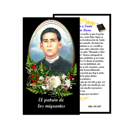 Santo Toribio Romo Patron de los Migrantes Rosario artesanal de cristal de cuarzo ahumado con crucifijo bañado en plata y centro con imagen a color – crucifijos por Padre Nuestros y postal de rezo EN ESPANOL