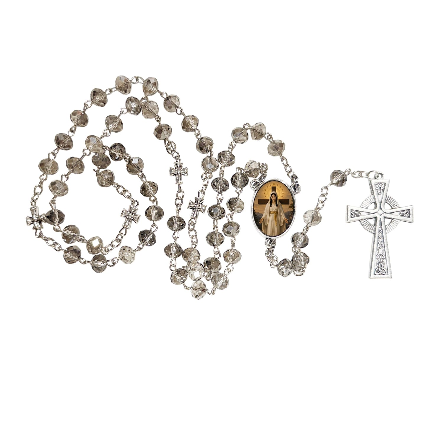 Gifts by Lulee, LLC Our Lady of Akita 秋田の聖母マリア Handcrafted Smoke Quartz Crystal Rosary with Silver‑Plated Crucifix and Color Image Centerpiece – Cross Pater Nosters and Prayer Card Included