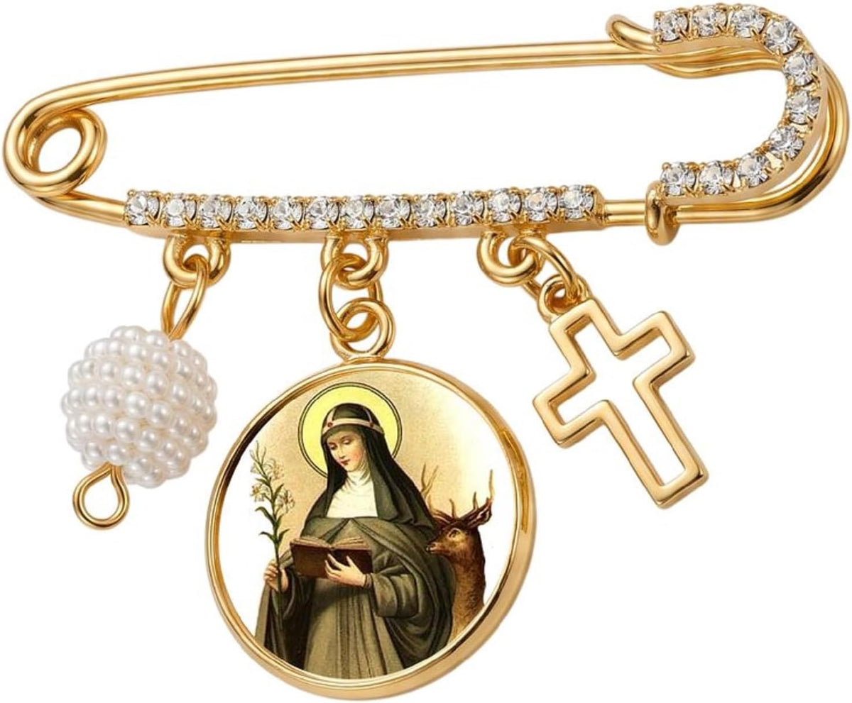 St. Catherine of Sweden Catholic Prayer Pin Brooch, Gold-Tone Rhinestone Safety Pin with Saint Medal, Cross Charm, Pearl Bead Accent & English Prayer Card, Religious Faith Jewelry Gift
