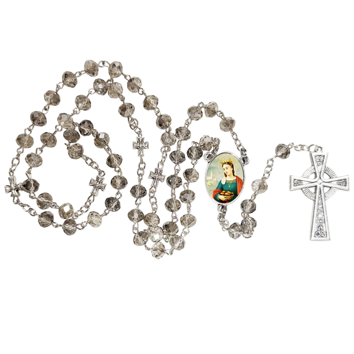 Saint Elizabeth of Hungary Patron of Sick and Poor Handcrafted Smoke Quartz Crystal Rosary with Silver‑Plated Crucifix and Color Image Centerpiece – Cross Pater Nosters and Prayer Card Included