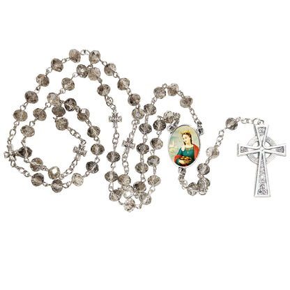 Saint Elizabeth of Hungary Patron of Sick and Poor Handcrafted Smoke Quartz Crystal Rosary with Silver‑Plated Crucifix and Color Image Centerpiece – Cross Pater Nosters and Prayer Card Included