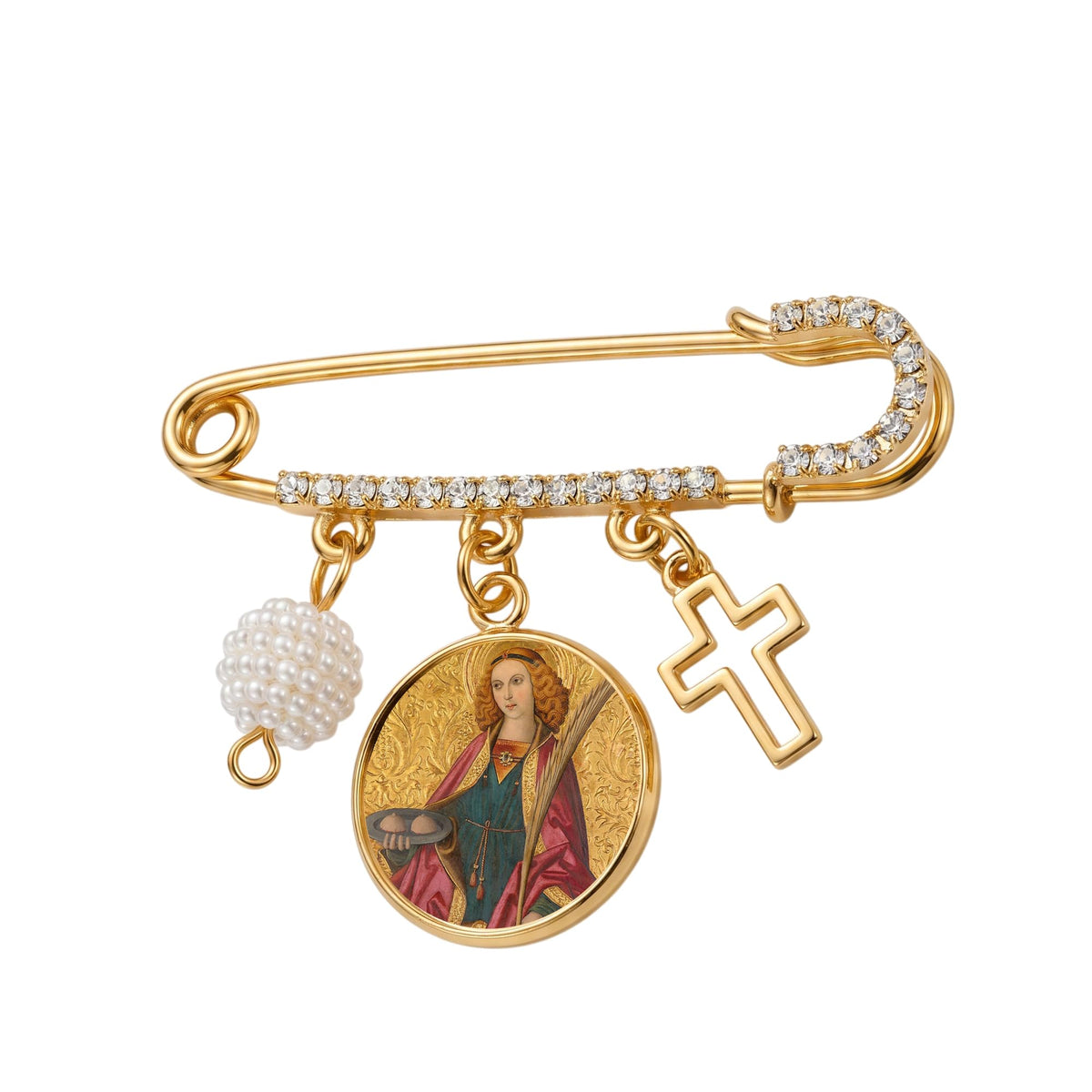 Saint Agatha Breast Cancer Patron Gold-Tone Safety Pin Brooch with Saint Medal, Cross Charm, Pearl Accent & Crystal Details. Inspirational Religious Faith Pin