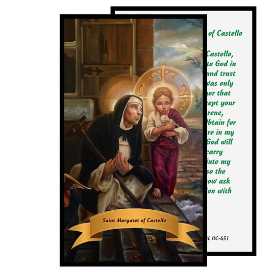 St. Margaret of Castello Patron of the Disabled Unwanted and Marginalized Handcrafted rosary jet black quartz capped beads gold plated findings, crucifix, medal centerpiece with color image and a prayer card