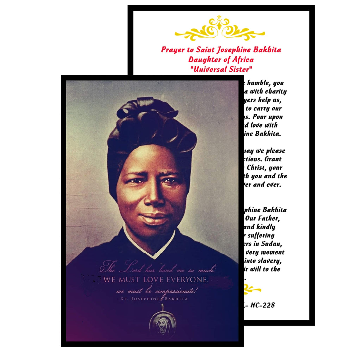 Saint Josephine Bakhita Daughter of Africa Handcrafted rosary jet black quartz capped beads gold plated findings, crucifix, medal centerpiece with color image and a prayer card IN ENGLISH