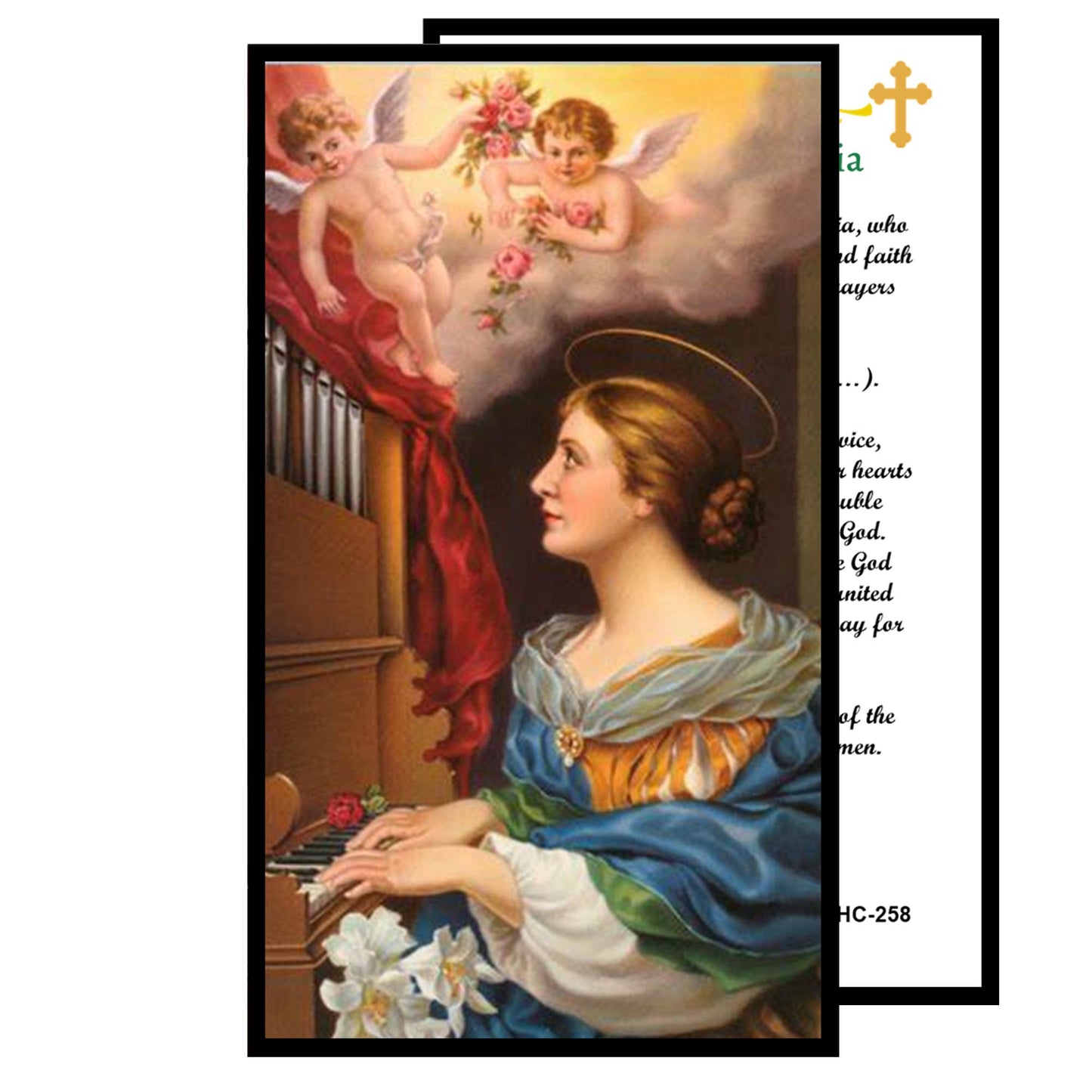 Saint Cecilia Patron of Musicians Handcrafted Smoke Quartz Crystal Rosary with Silver‑Plated Crucifix and Color Image Centerpiece – Cross Pater Nosters and Prayer Card Included