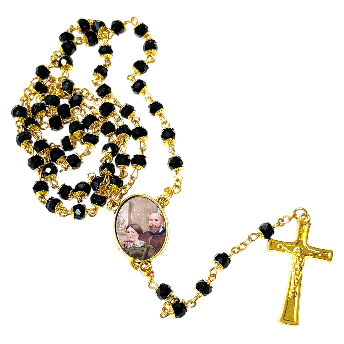 Saints Louis Martin and Zélie Guérin Parents of St Therese Patrons of Marriage and Parenting Handcrafted rosary jet black quartz capped beads gold plated findings, crucifix, medal centerpiece with color image and a prayer card