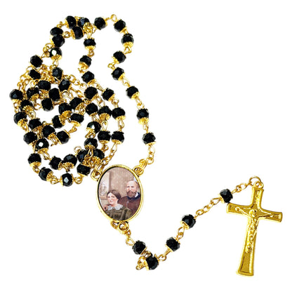 Saints Louis Martin and Zélie Guérin Parents of St Therese Patrons of Marriage and Parenting Handcrafted rosary jet black quartz capped beads gold plated findings, crucifix, medal centerpiece with color image and a prayer card