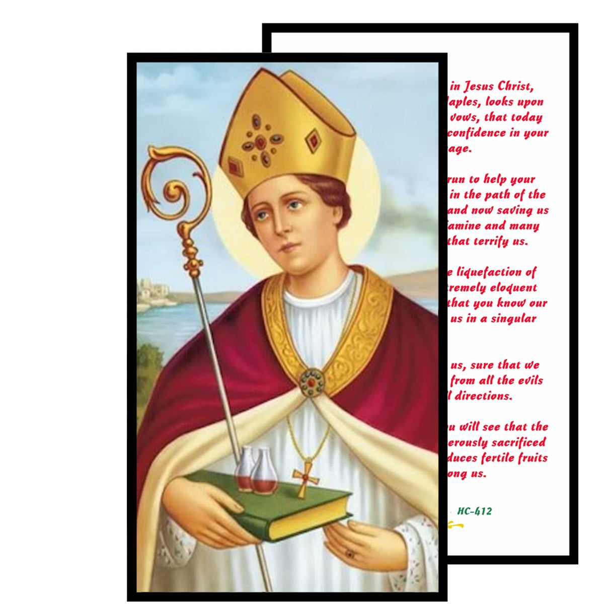 Saint Gennaro Patron of Those with Blood Clots and Blood Disorders Handcrafted rosary jet black quartz capped beads gold plated findings, crucifix, medal centerpiece with color image and a prayer card