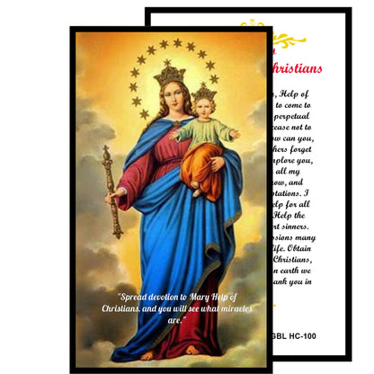 Mary Help of Christian Workers Handcrafted rosary jet black quartz capped beads gold plated findings, crucifix, medal centerpiece with color image and a prayer card