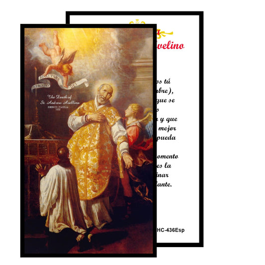 San Andrés Avellino Patrón de la Presión Arterial y los Derrames Cerebrales rosario artesanal con cuentas de cuarzo negro azabache con coronita crucifijo y detalles enchapados en oro centro cabochon con imagen a color y postal EN ESPANOL
