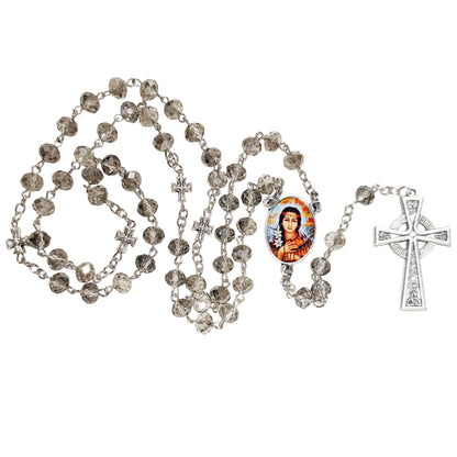 Saint Kateri Tekakwitha Lily of The Mohawks Handcrafted Smoke Quartz Crystal Rosary with Silver‑Plated Crucifix and Color Image Centerpiece – Cross Pater Nosters and Prayer Card Included