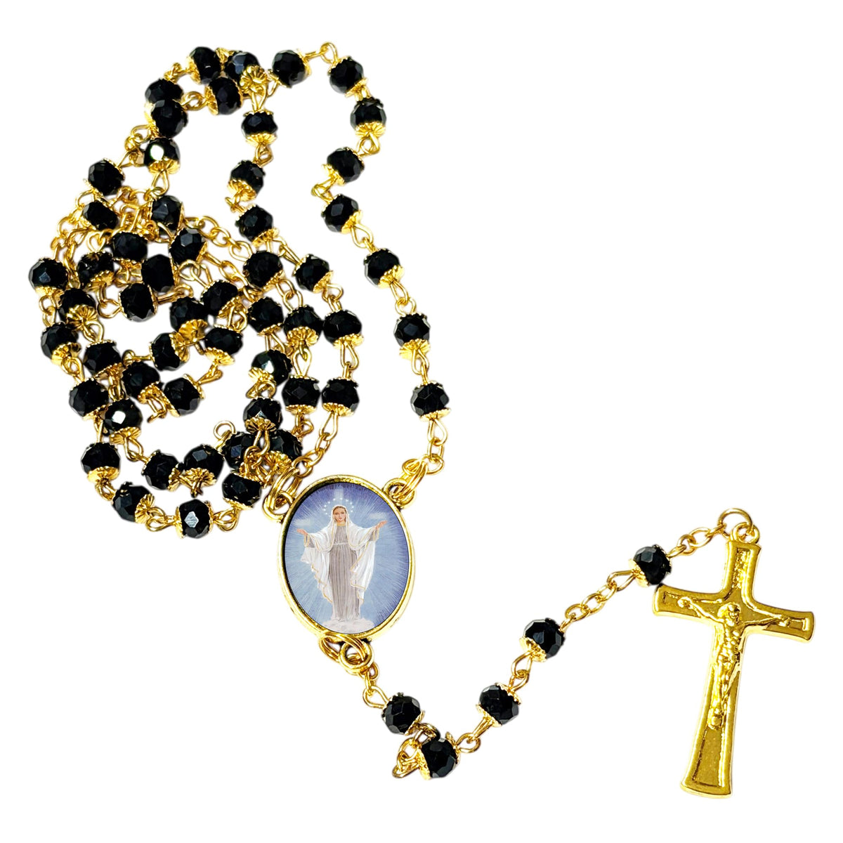 Our Lady Queen of Peace Handcrafted rosary jet black quartz capped beads gold plated findings, crucifix, medal centerpiece with color image and a prayer card