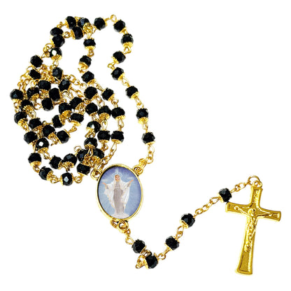 Our Lady Queen of Peace Handcrafted rosary jet black quartz capped beads gold plated findings, crucifix, medal centerpiece with color image and a prayer card