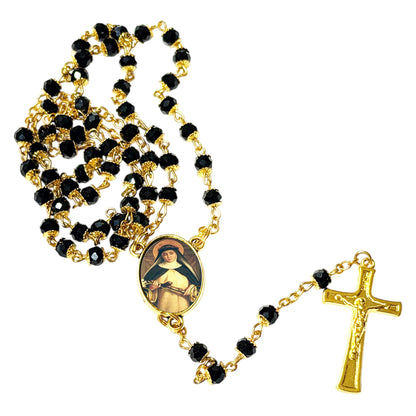 Catherine of Siena Patron of Italy Handcrafted rosary jet black quartz capped beads gold plated findings, crucifix, medal centerpiece with color image and a prayer card IN ENGLISH