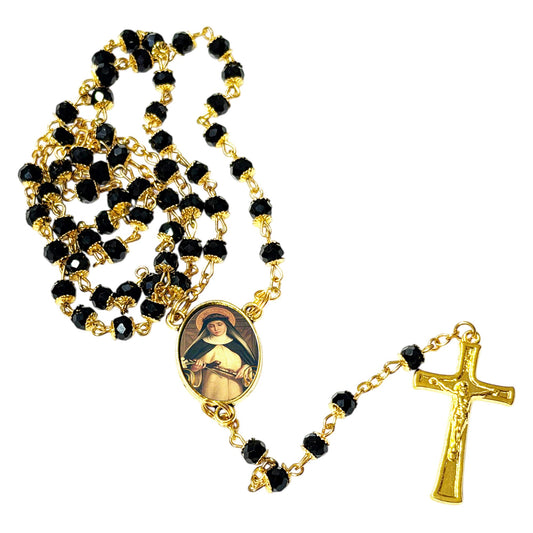 Catherine of Siena Patron of Italy Handcrafted rosary jet black quartz capped beads gold plated findings, crucifix, medal centerpiece with color image and a prayer card IN ENGLISH