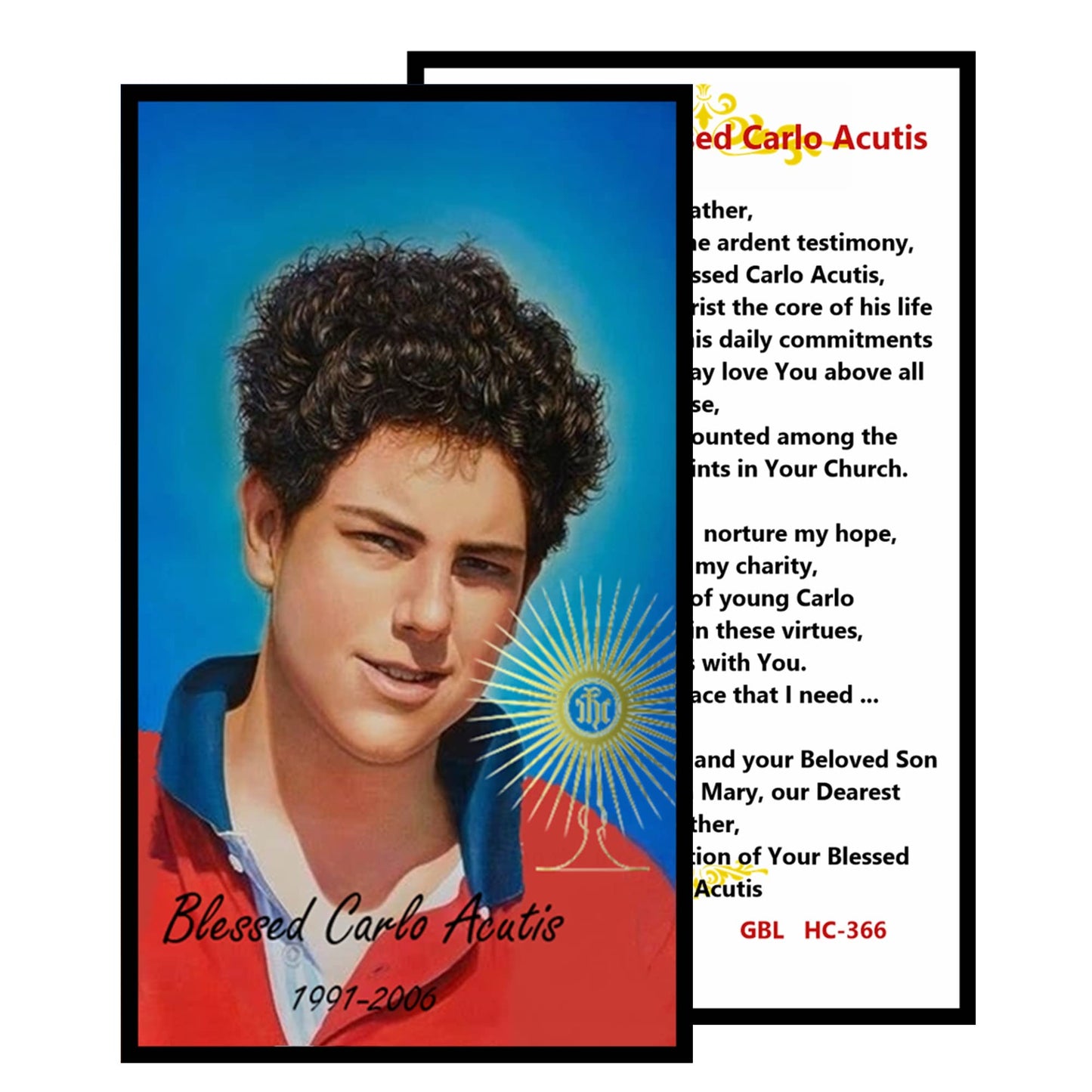 Saint Carlo Acutis Gods Influencer Patron of Internet Handcrafted rosary jet black quartz capped beads gold plated findings, crucifix, medal centerpiece with color image and a prayer card IN ENGLISH