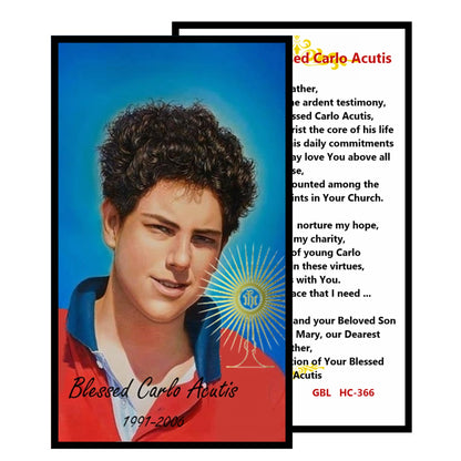 Saint Carlo Acutis Gods Influencer Patron of Internet Handcrafted rosary jet black quartz capped beads gold plated findings, crucifix, medal centerpiece with color image and a prayer card IN ENGLISH