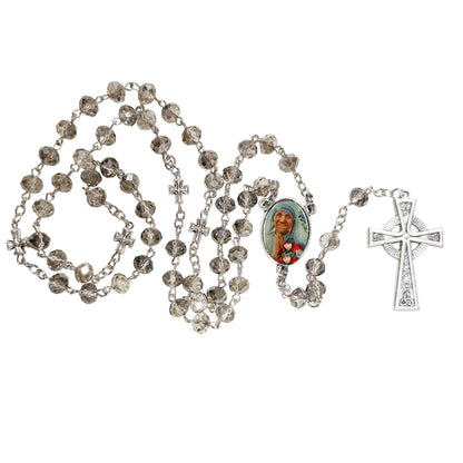 Mother Teresa of Calcutta Handcrafted Smoke Quartz Crystal Rosary with Silver‑Plated Crucifix and Color Image Centerpiece Cross Pater Nosters and Prayer Card Included