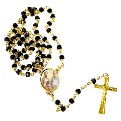 Saints Cosmas and Damian Patrons of Pharmacists and Physicians Handcrafted rosary jet black quartz capped beads gold plated findings, crucifix, medal centerpiece with color image and a prayer card