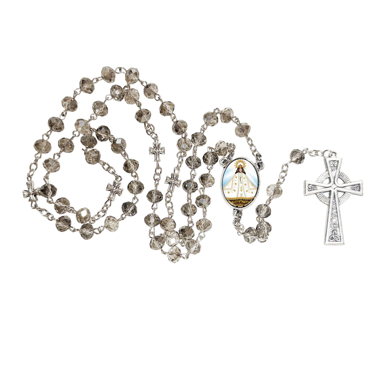 Nuestra Señora Inmaculada Virgen de Juquila Patrona de Oaxaca Rosario artesanal de cristal de cuarzo ahumado con crucifijo bañado en plata y centro con imagen a color – crucifijos por Padre Nuestros y postal de rezo EN ESPANOL