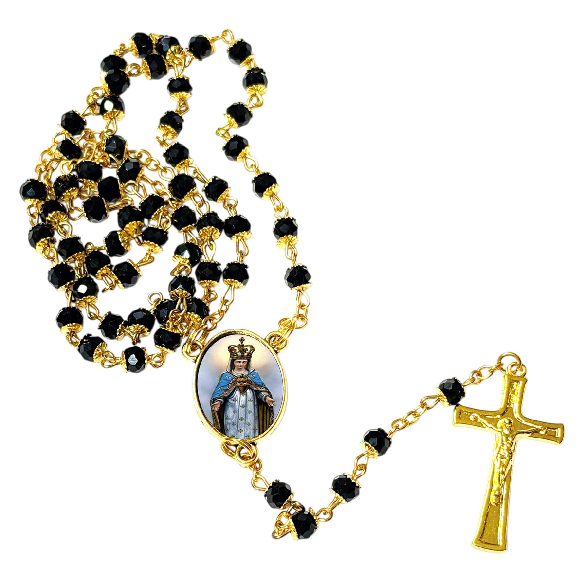 Our Lady Notre-Dame-du-Cap Canadian Marian Devotion Handcrafted rosary jet black quartz capped beads gold plated findings, crucifix, medal centerpiece with color image and a prayer card
