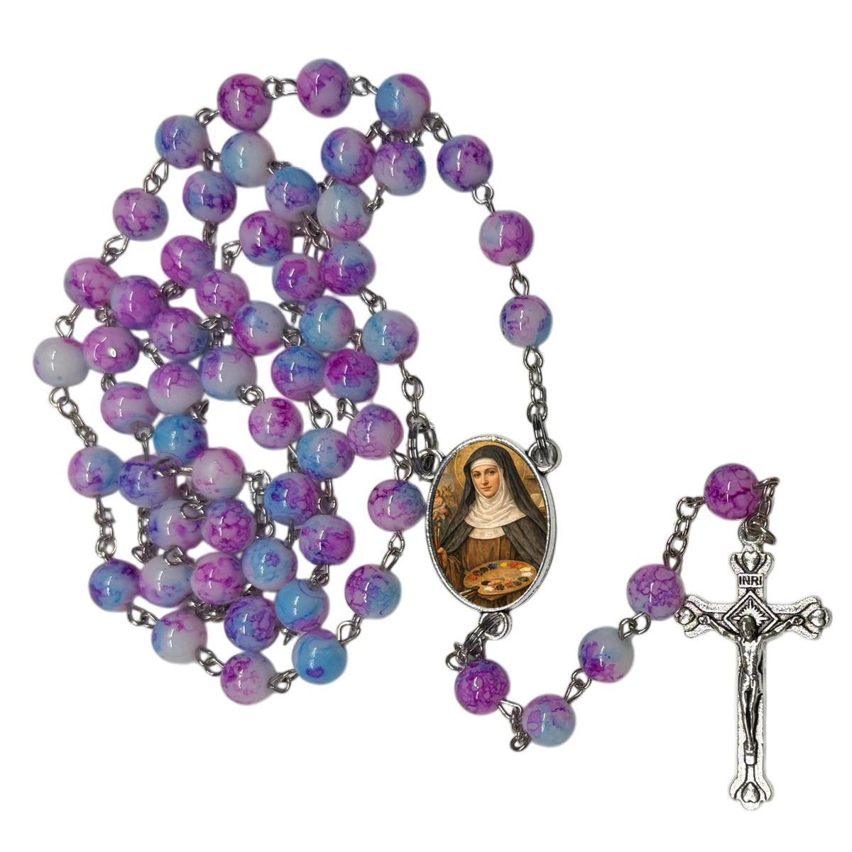 Saint Catherine of Bologna Patron of Artists Handcrafted Periwinkle Lavender Crystal Beaded Rosary with Silver Plated Findings and Crucifix a Cabochon Bezel Center with Color Image Includes a prayer card IN ENGLISH