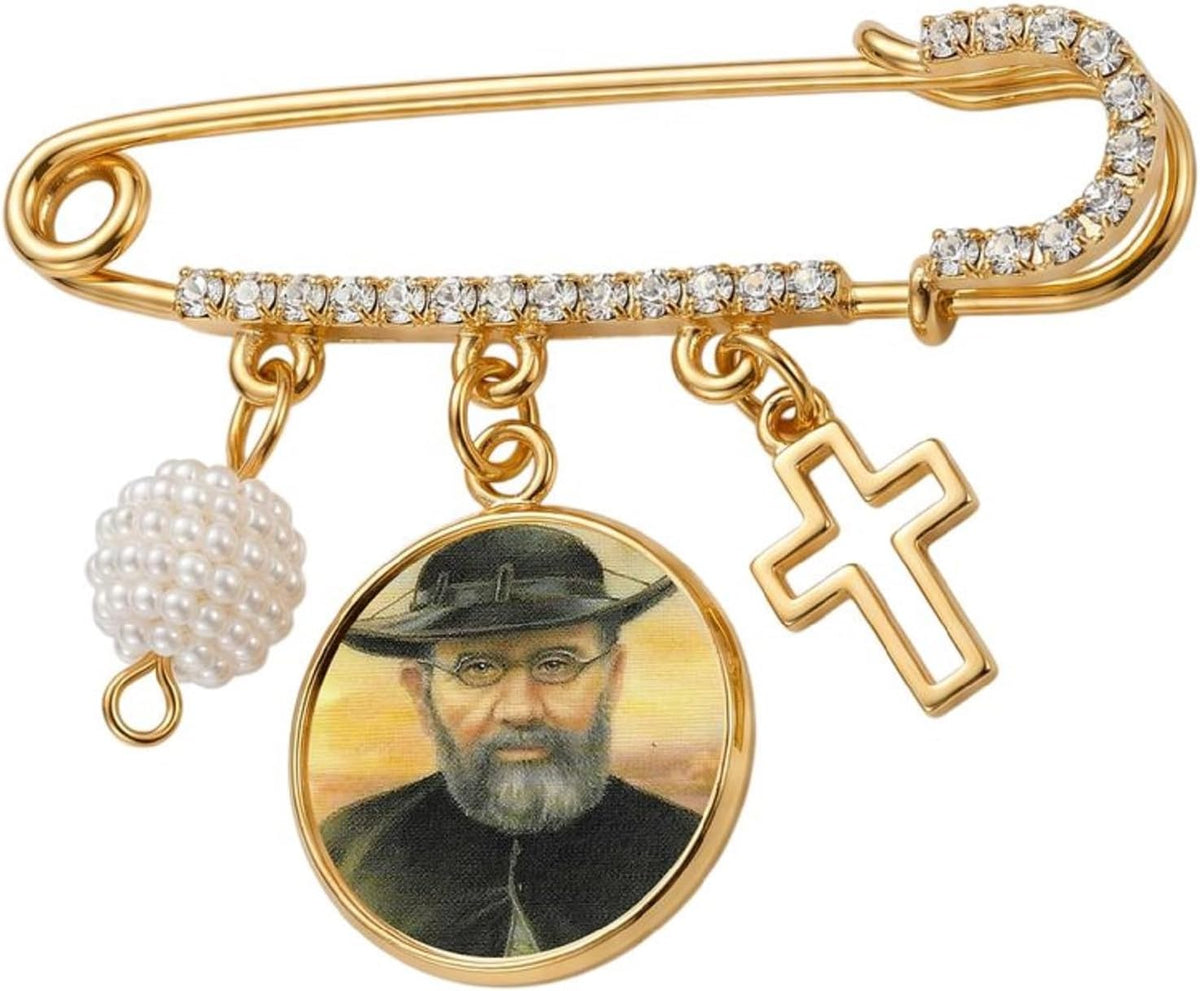 St. Damien of Molokai Catholic Prayer Pin Brooch, Gold-Tone Rhinestone Safety Pin with Saint Medal, Cross Charm, White Pearl Bead Accent & English Prayer Card, Religious Faith Jewelry Gift