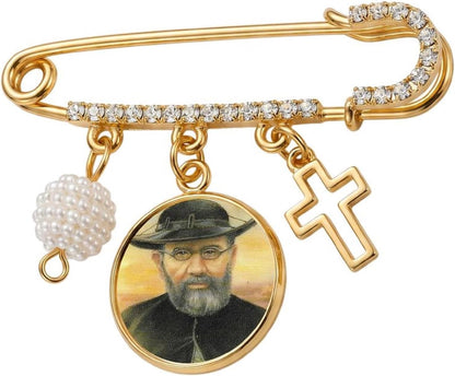 St. Damien of Molokai Catholic Prayer Pin Brooch, Gold-Tone Rhinestone Safety Pin with Saint Medal, Cross Charm, White Pearl Bead Accent & English Prayer Card, Religious Faith Jewelry Gift