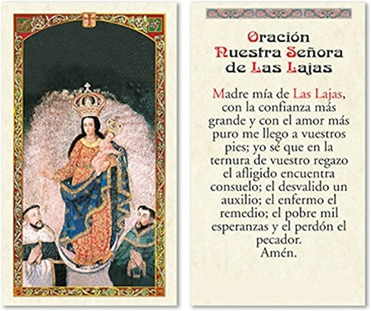 Nuestra Senora de Las Lajas Rosario artesanal de cristal de cuarzo ahumado con crucifijo bañado en plata y centro con imagen a color – crucifijos por Padre Nuestros y postal de rezo EN ESPANOL
