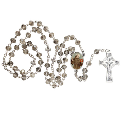 Saint Bernardine of Siena Patron of Those with Respiratory Ailments Handcrafted Smoke Quartz Crystal Rosary with Silver‑Plated Crucifix and Color Image Centerpiece – Cross Pater Nosters and Prayer Card Included
