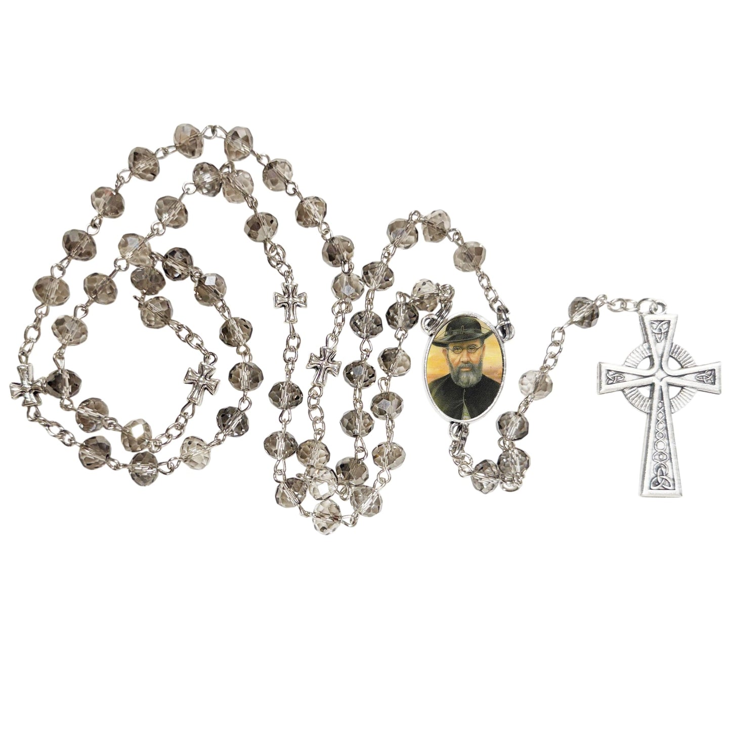 Saint Damien of Molokai Father Damien Handcrafted Smoke Quartz Crystal Rosary with Silver‑Plated Crucifix and Color Image Centerpiece – Cross Pater Nosters and Prayer Card Included