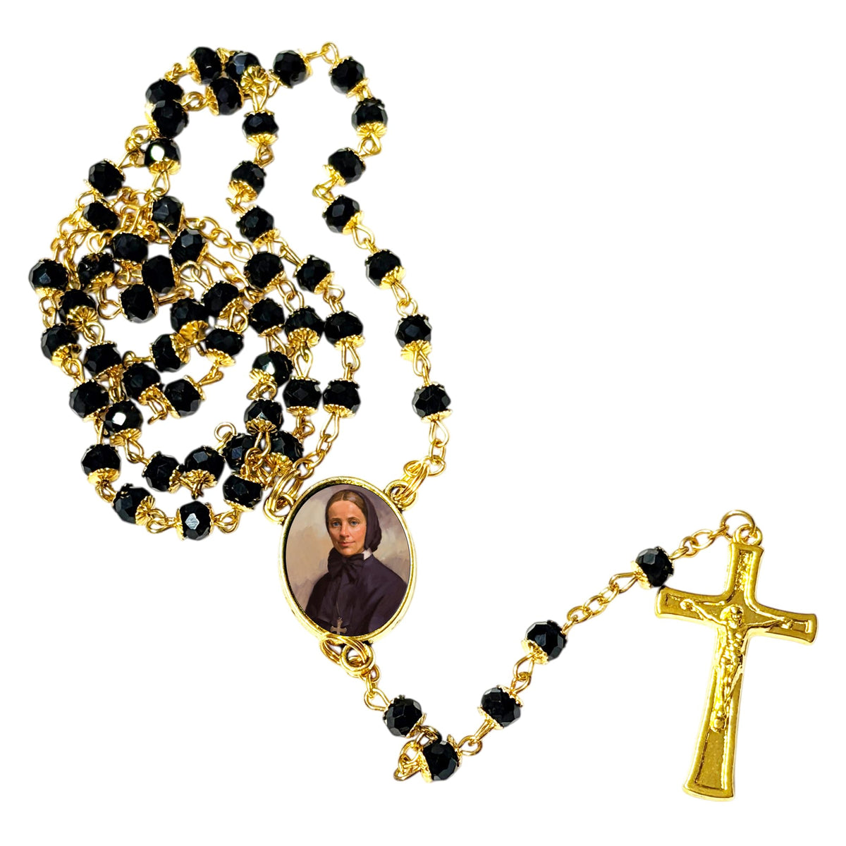 Mother Frances Xavier Cabrini Patron of immigrants and missionaries Handcrafted rosary jet black quartz capped beads gold plated findings, crucifix, medal centerpiece with color image and a prayer card IN ENGLISH