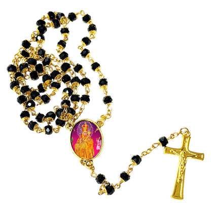 Our Lady of Vailankanni Our Lady of Good Health Handcrafted rosary jet black quartz capped beads gold plated findings, crucifix, medal centerpiece with color image and a prayer card