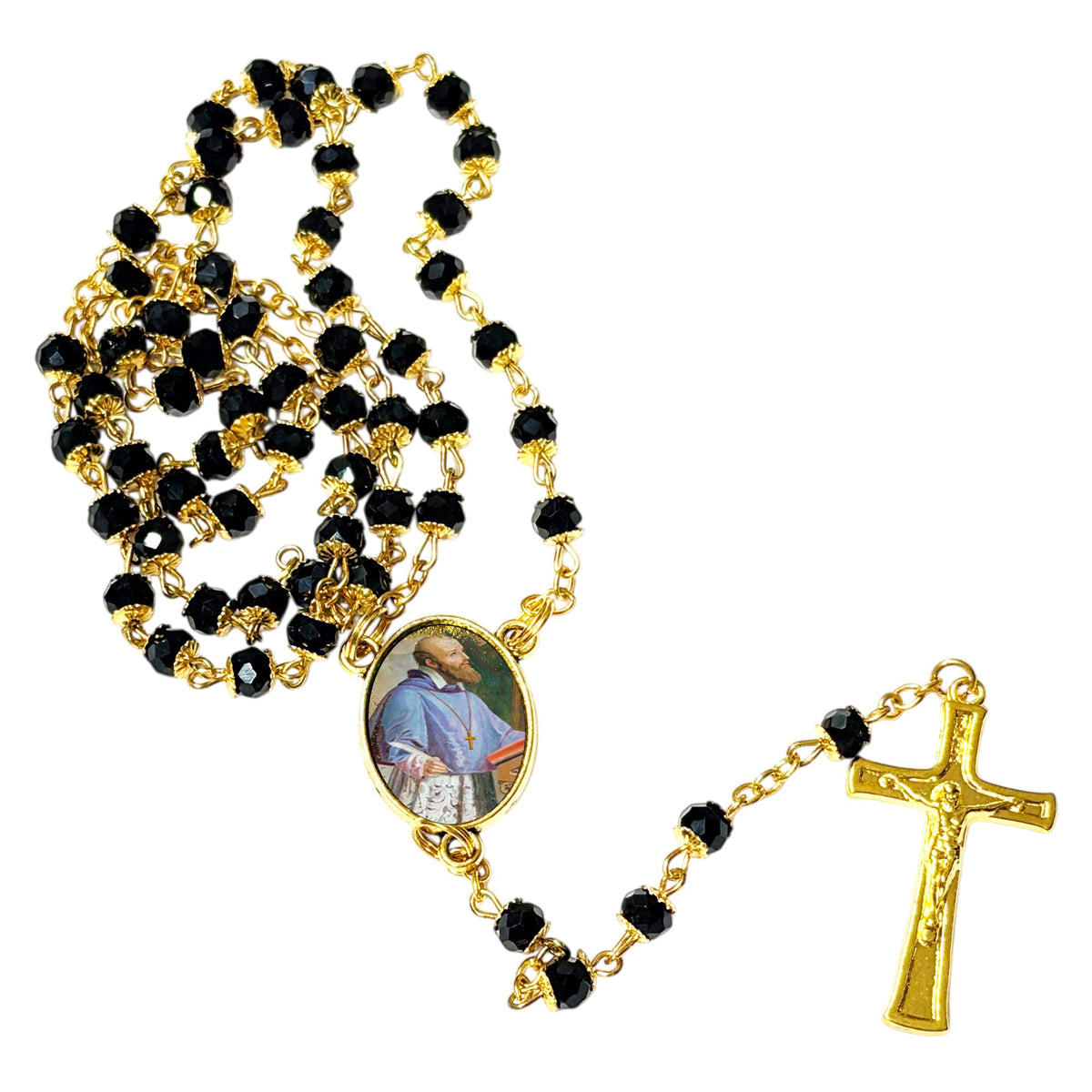 Saint Francis of Sales Patron of the Deaf Handcrafted rosary jet black quartz capped beads gold plated findings, crucifix, medal centerpiece with color image and a prayer card