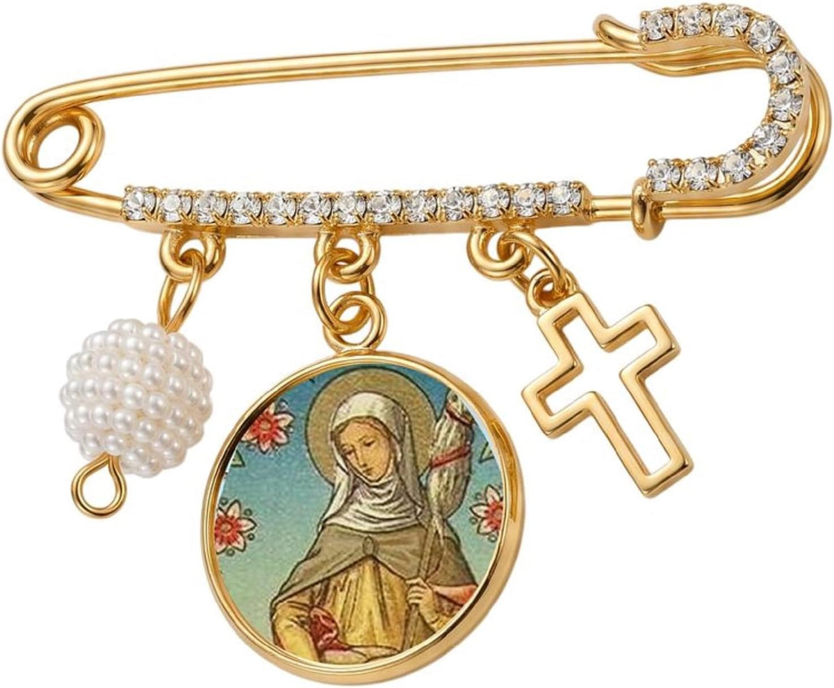 Saint Genevieve Catholic Prayer Pin Brooch, Gold-Tone Rhinestone Safety Pin with Saint Medal, Cross Charm, White Pearl Bead Accent & English Prayer Card, Religious Faith Jewelry Gift