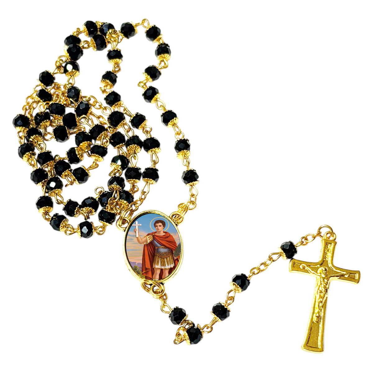 Saint Expedite Patron of Urgent Matters and Fast Results Handcrafted rosary jet black quartz capped beads gold plated findings, crucifix, medal centerpiece with color image and a prayer card