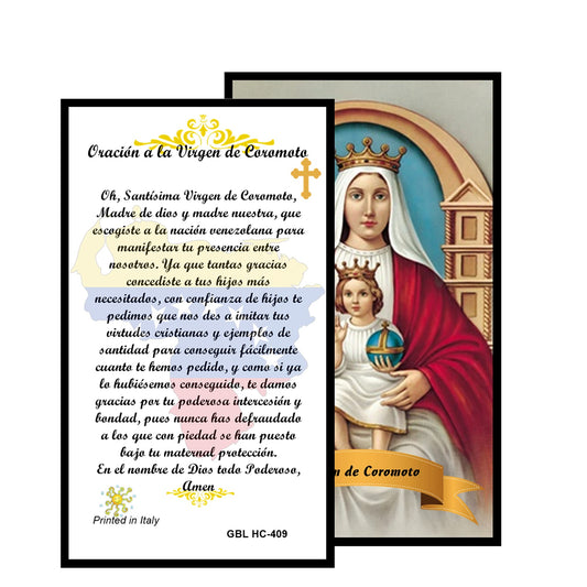 Virgen de Coromoto Patrona de Venezuela Rosario artesanal de cristal de cuarzo ahumado con crucifijo bañado en plata y centro con imagen a color – crucifijos por Padre Nuestros y postal de rezo EN ESPANOL