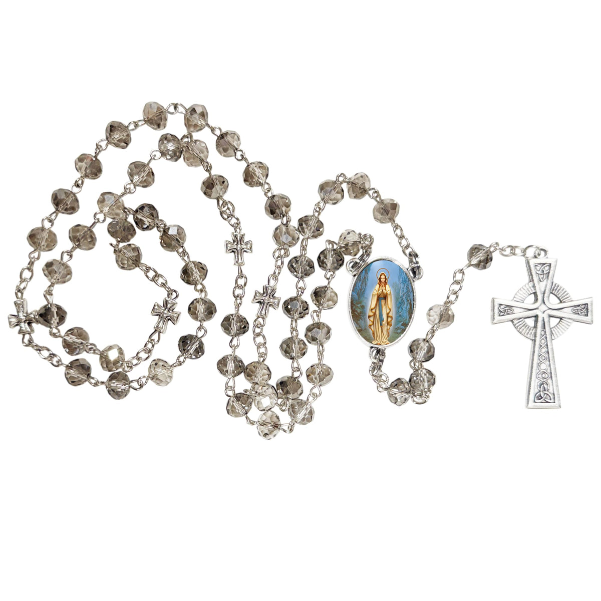 Our Lady of Lourdes Handcrafted Smoke Quartz Crystal Rosary with Silver‑Plated Crucifix and Color Image Centerpiece – Cross Pater Nosters and Prayer Card Included