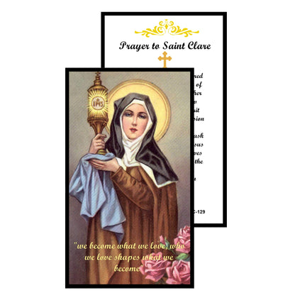 Saint Clare of Assisi Patron of eye disorders, embroiderer Handcrafted rosary jet black quartz capped beads gold plated findings, crucifix, medal centerpiece with color image and a prayer card
